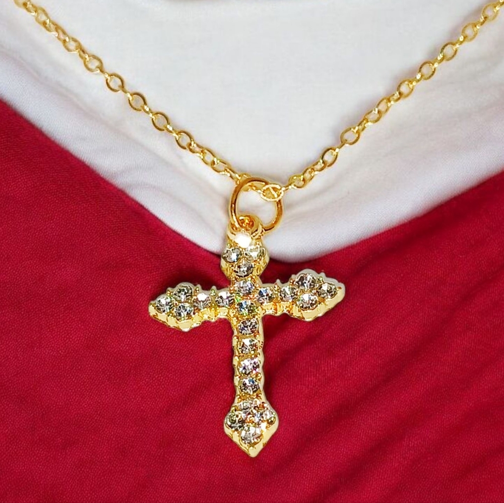 Gold Cross Pendant Necklace Glam Luxe Bling Old Hollywood Classic Coquette Girl